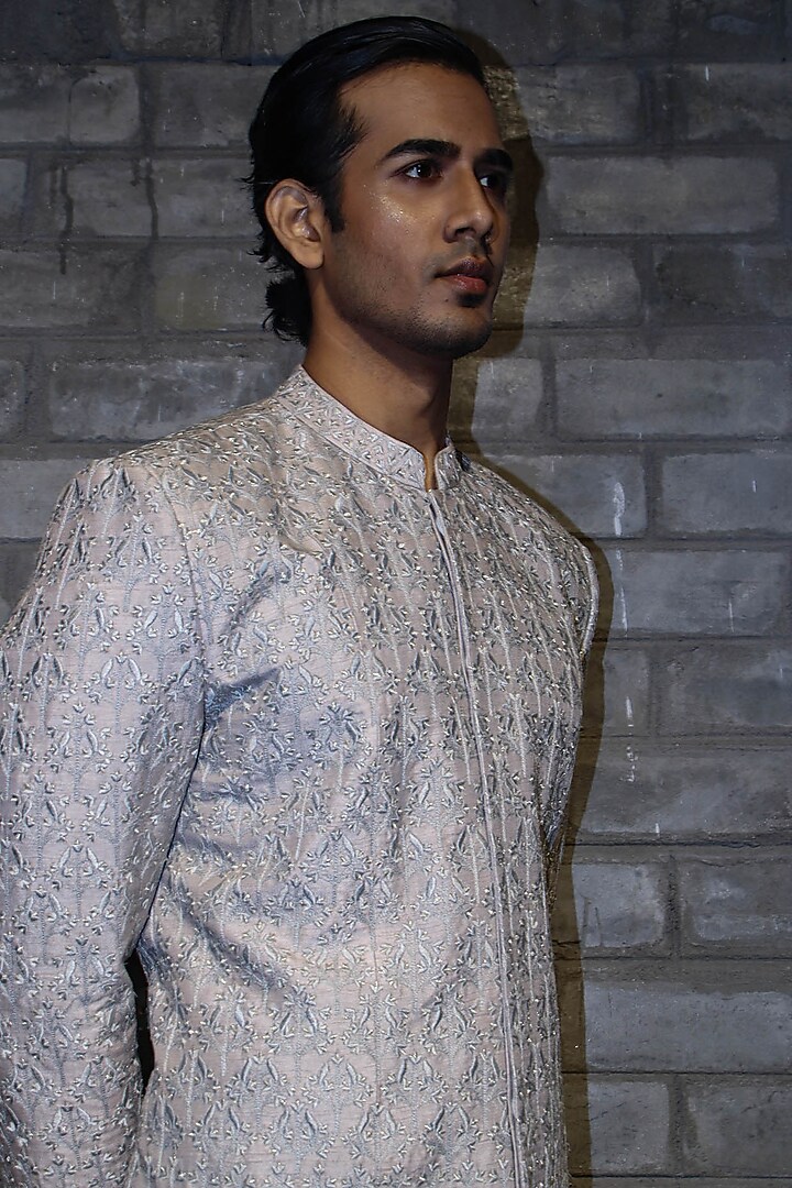 Grey Dupion Silk Thread Embroidered Groom Sherwani  by Dev R Nil Men at Pernia's Pop Up Shop