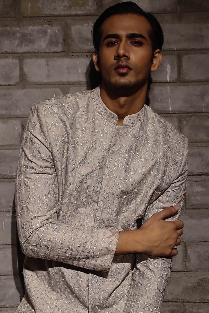 Grey Dupion Silk Thread Embroidered Groom Sherwani  by Dev R Nil Men at Pernia's Pop Up Shop