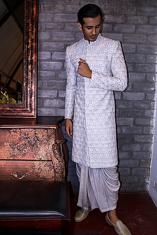 White Dupion Silk Embroidered Sherwani  by Dev R Nil Men