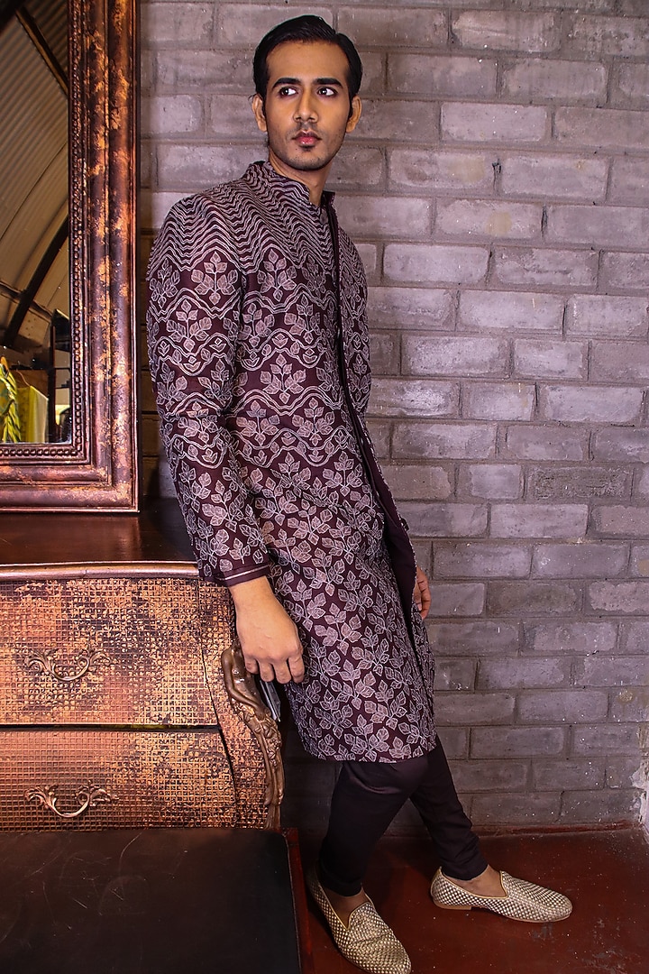 Maroon Dupion Silk Groom Sherwani  by Dev R Nil Men at Pernia's Pop Up Shop