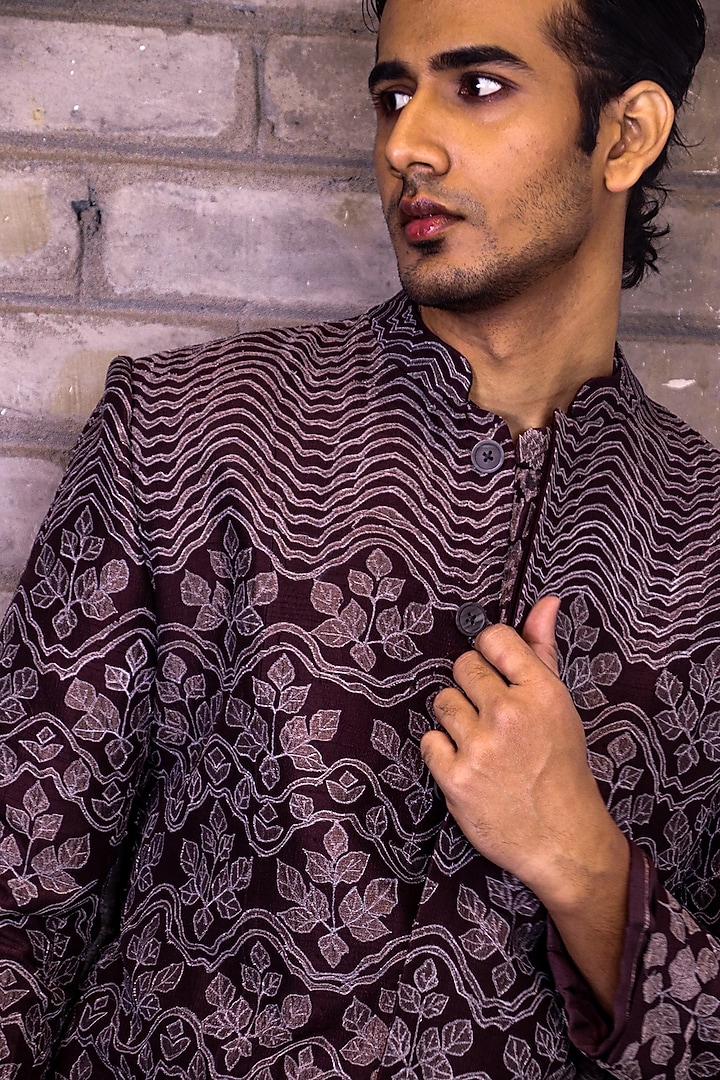 Maroon Dupion Silk Groom Sherwani  by Dev R Nil Men at Pernia's Pop Up Shop