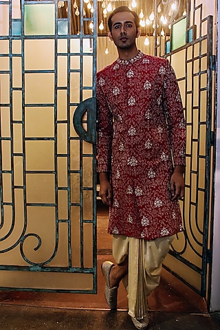 Red Dupion Silk Hand Embroidered Sherwani by Dev R Nil Men