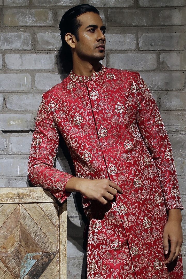 Red Dupion Silk Hand Embroidered Groom Sherwani by Dev R Nil Men at Pernia's Pop Up Shop