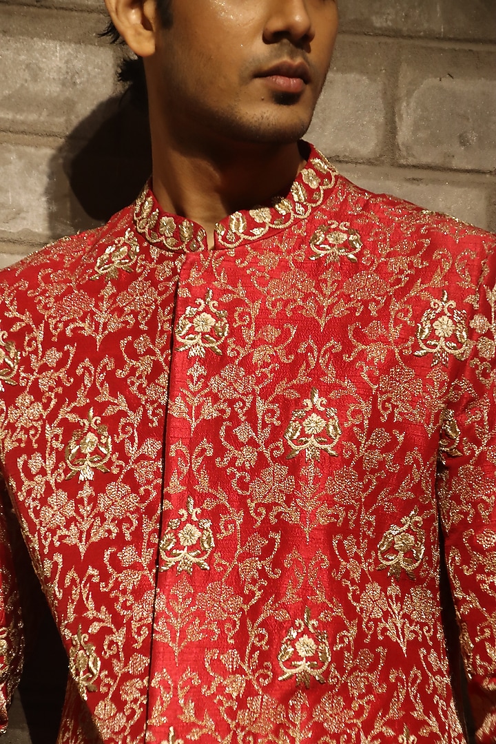 Red Dupion Silk Hand Embroidered Groom Sherwani by Dev R Nil Men at Pernia's Pop Up Shop