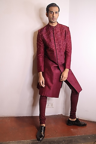 Maroon Dupion Silk Starlight Embroidered Sherwani by Dev R Nil Men
