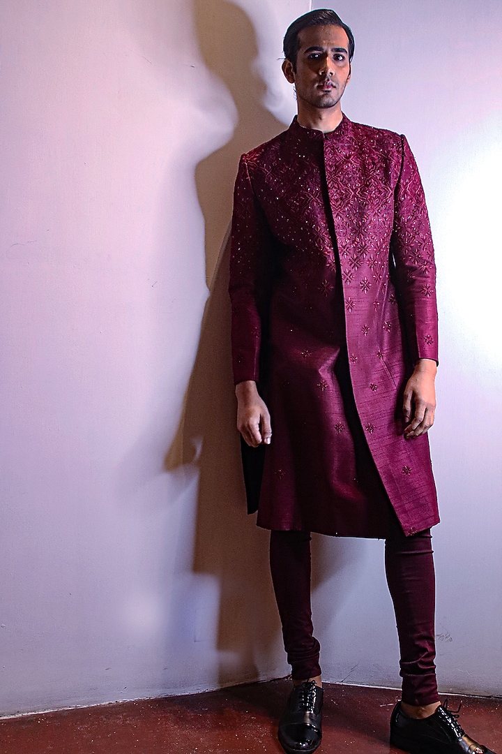 Maroon Dupion Silk Starlight Embroidered Groom Sherwani by Dev R Nil Men at Pernia's Pop Up Shop