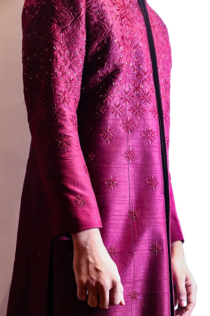Maroon Dupion Silk Starlight Embroidered Groom Sherwani by Dev R Nil Men at Pernia's Pop Up Shop