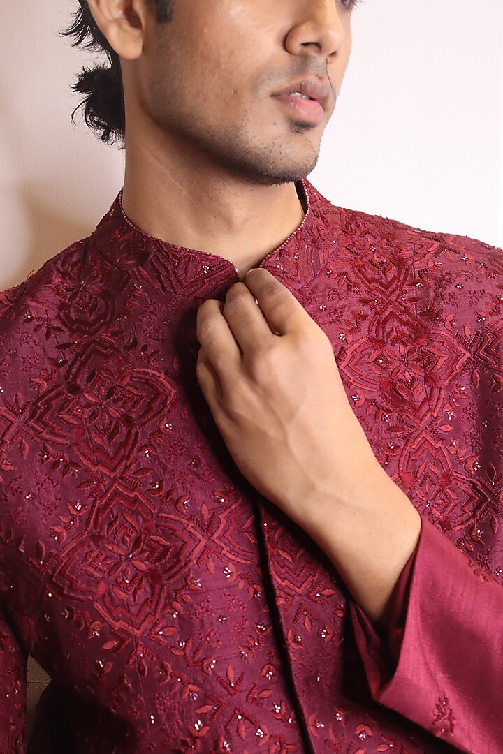 Maroon Dupion Silk Starlight Embroidered Groom Sherwani by Dev R Nil Men at Pernia's Pop Up Shop