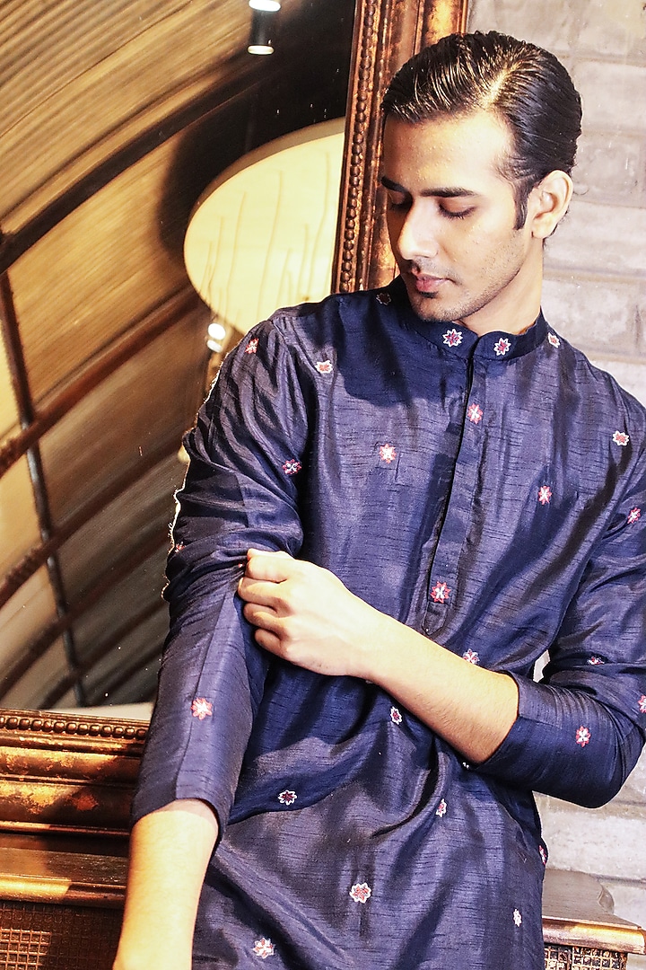 Navy Chanderi Silk Boota Embroidered Kurta by Dev R Nil Men at Pernia's Pop Up Shop