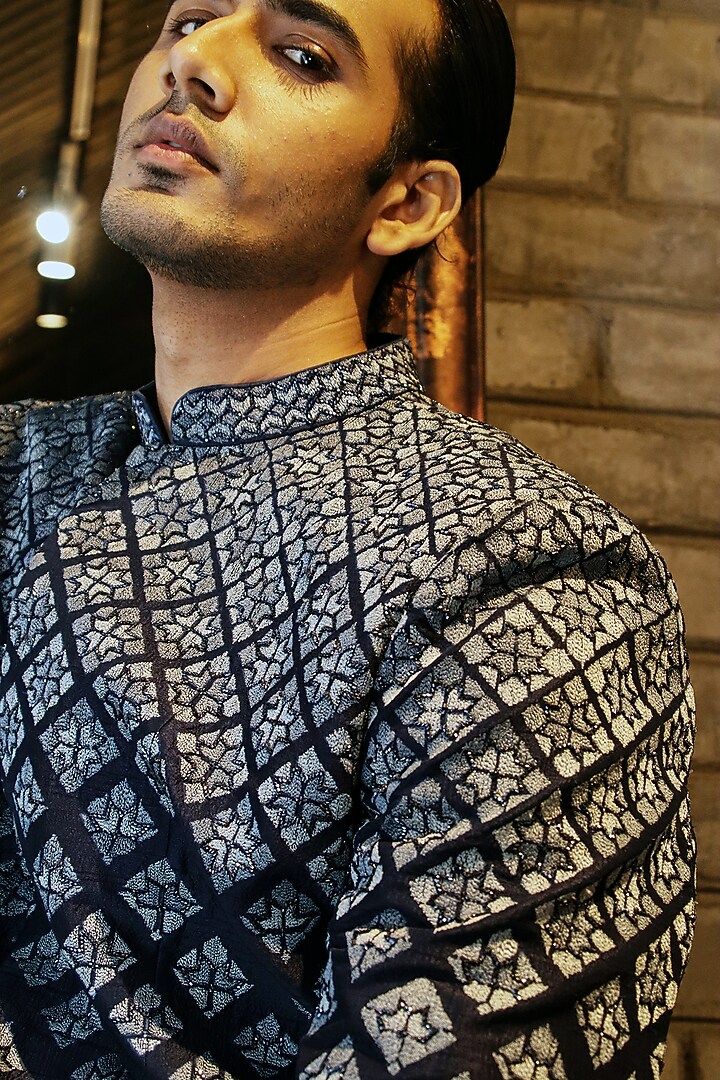 Navy Dupion Silk Embroidered Groom Sherwani by Dev R Nil Men at Pernia's Pop Up Shop