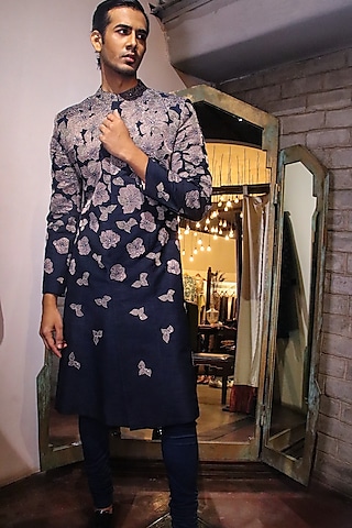 Navy Dupion Silk Swarovski Embroidered Groom Sherwani by Dev R Nil Men ...