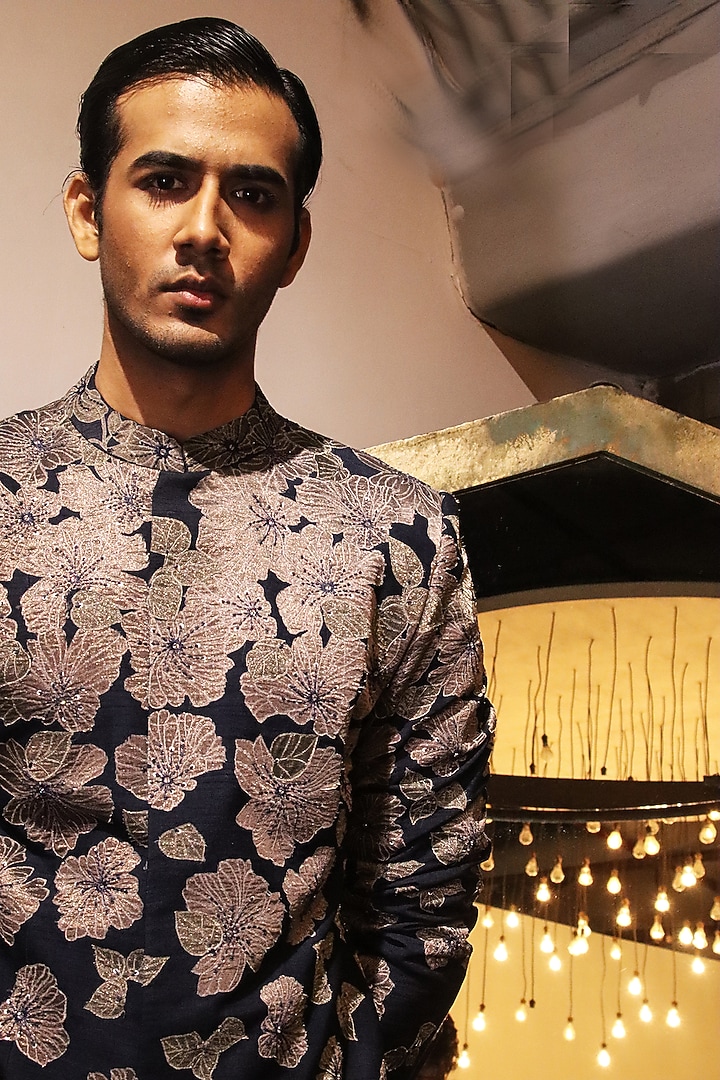 Navy Dupion Silk Swarovski Embroidered Groom Sherwani by Dev R Nil Men at Pernia's Pop Up Shop