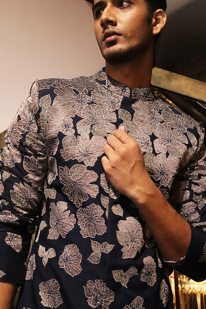 Navy Dupion Silk Swarovski Embroidered Groom Sherwani by Dev R Nil Men at Pernia's Pop Up Shop