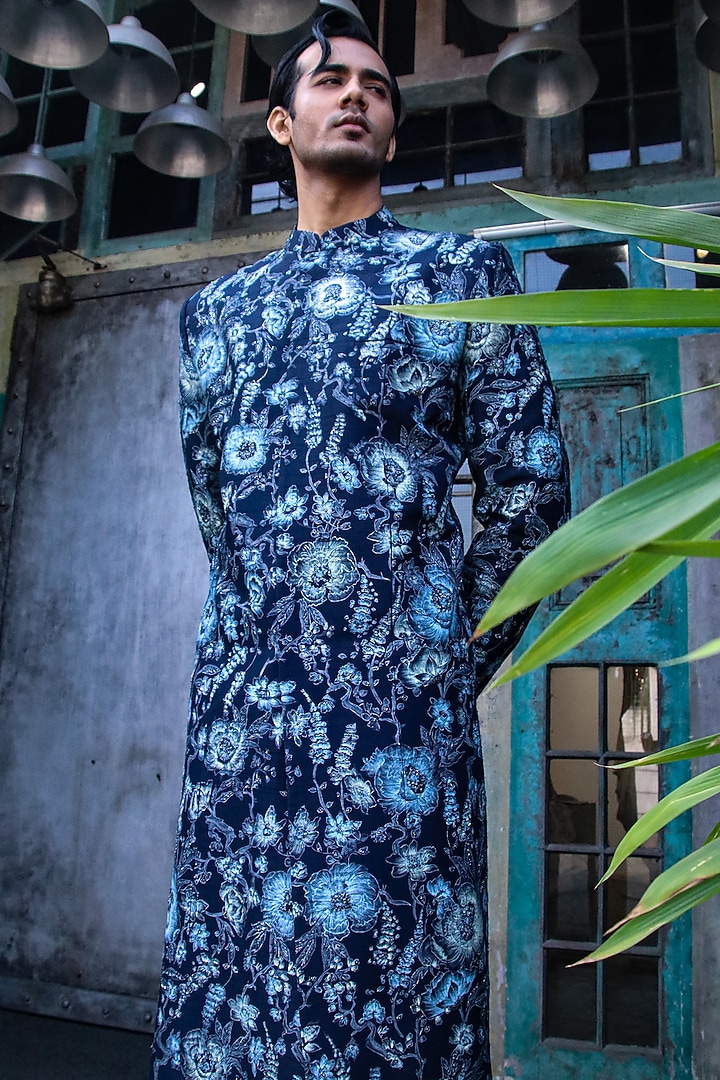 Navy Dupion Silk Hand Embroidered Groom Sherwani  by Dev R Nil Men at Pernia's Pop Up Shop
