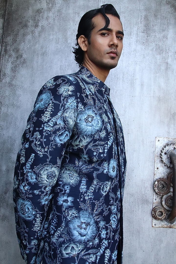Navy Dupion Silk Hand Embroidered Groom Sherwani  by Dev R Nil Men at Pernia's Pop Up Shop