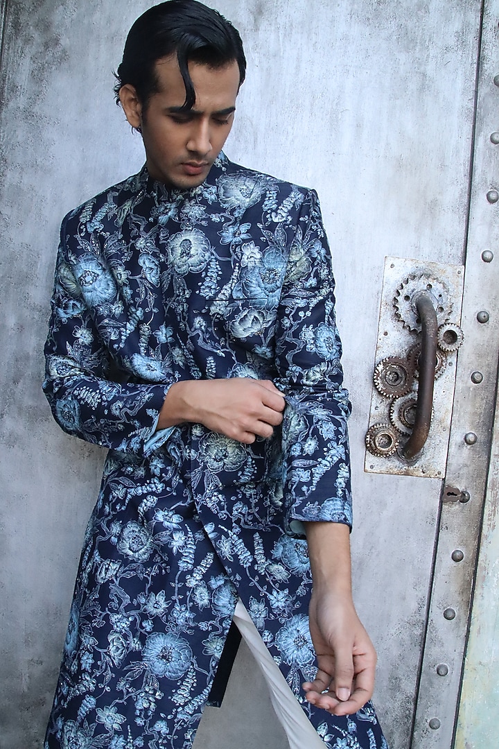 Navy Dupion Silk Hand Embroidered Groom Sherwani  by Dev R Nil Men at Pernia's Pop Up Shop