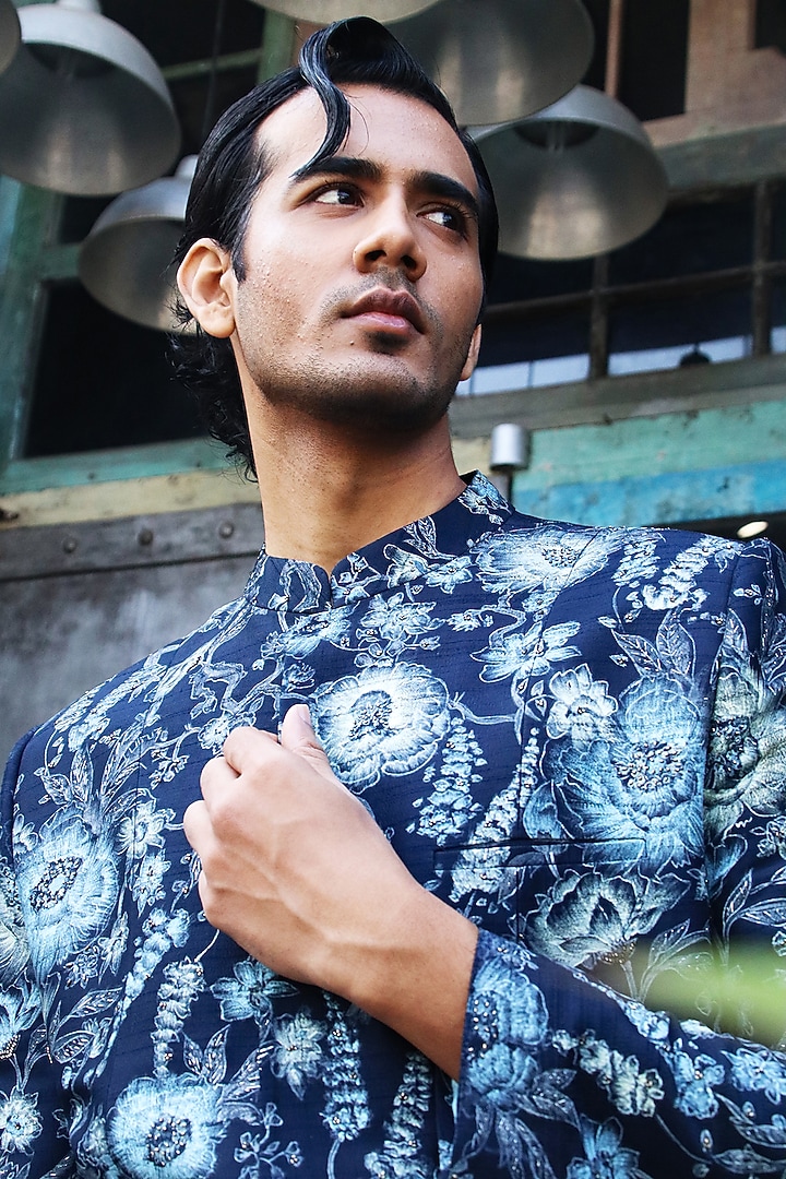Navy Dupion Silk Hand Embroidered Groom Sherwani by Dev R Nil Men at Pernia's Pop Up Shop