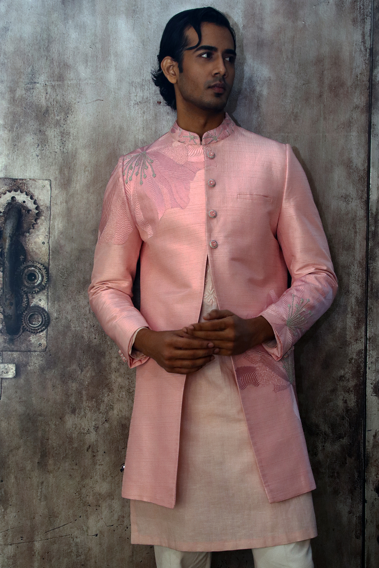 Pink Dupion Silk Embroidered Bandhgala Jacket by Dev R Nil Men