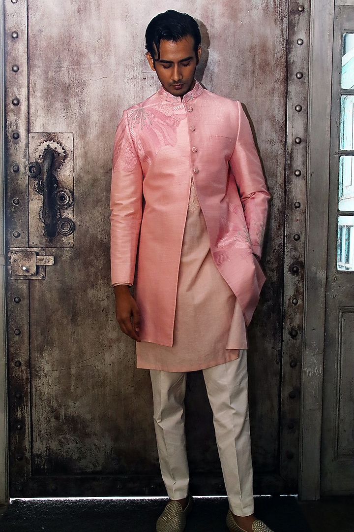 Pink Dupion Silk Embroidered Wedding Bandhgala Jacket by Dev R Nil Men at Pernia's Pop Up Shop