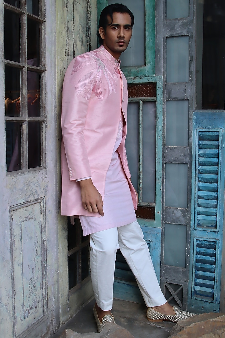 Pink Dupion Silk Embroidered Wedding Bandhgala Jacket by Dev R Nil Men at Pernia's Pop Up Shop