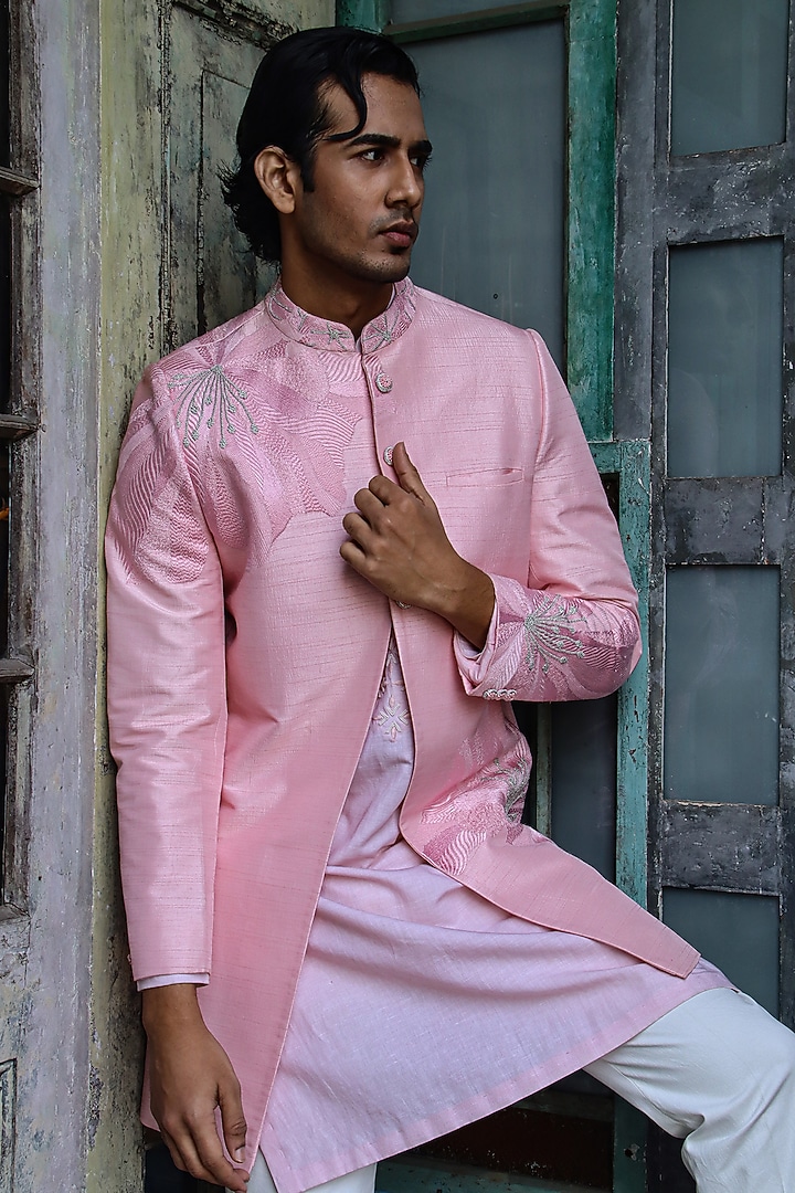 Pink Dupion Silk Embroidered Wedding Bandhgala Jacket by Dev R Nil Men at Pernia's Pop Up Shop