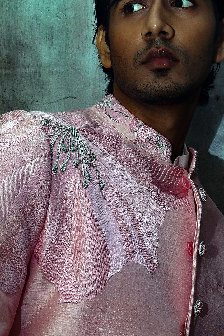 Pink Dupion Silk Embroidered Wedding Bandhgala Jacket by Dev R Nil Men at Pernia's Pop Up Shop