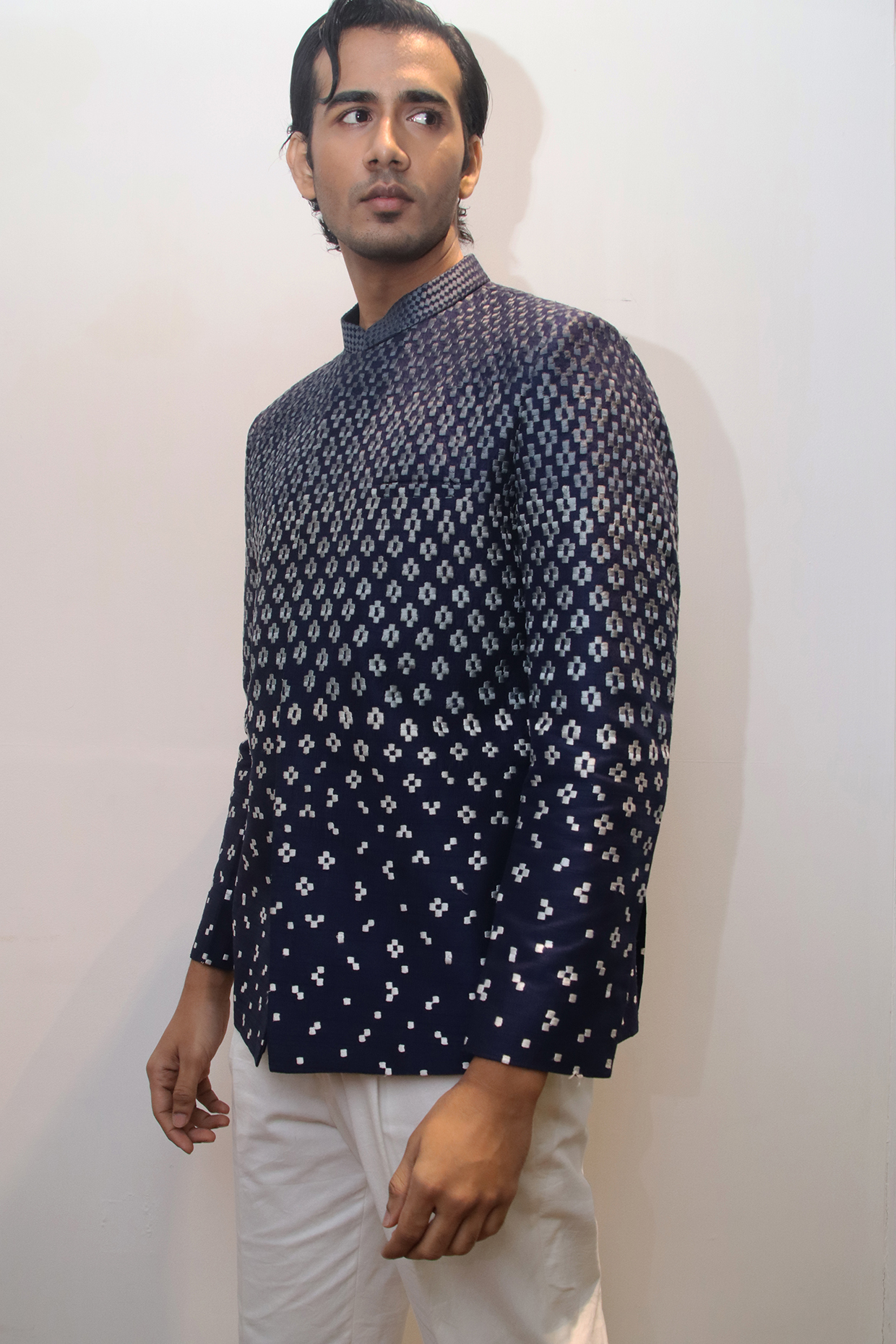 Navy Blue Dupion Silk Scattered Embroiodered Bandhgala Jacket by Dev R Nil Men