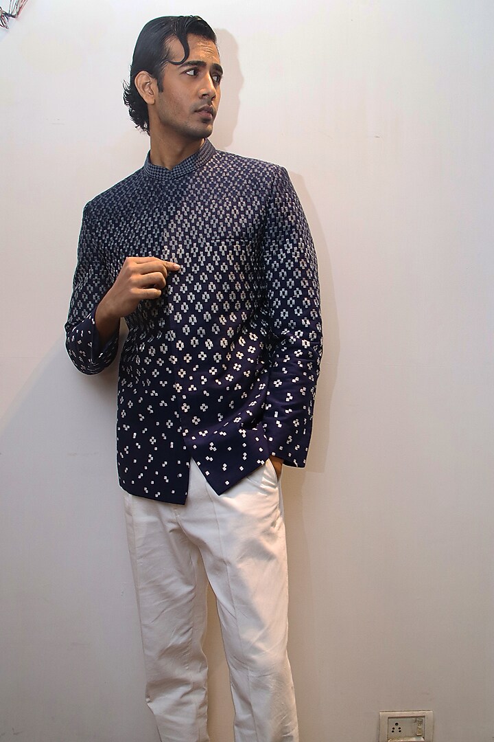Navy Blue Dupion Silk Scattered Embroiodered Wedding Bandhgala Jacket by Dev R Nil Men at Pernia's Pop Up Shop