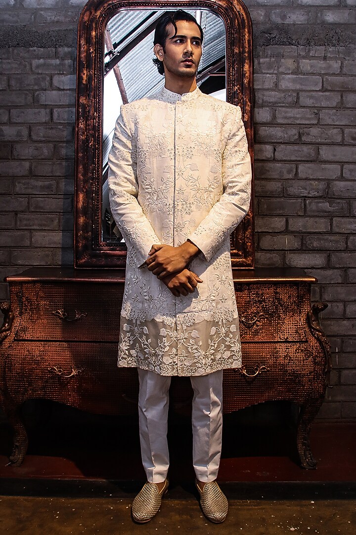 Off-White Dupion Silk Embroidered Groom Sherwani  by Dev R Nil Men at Pernia's Pop Up Shop