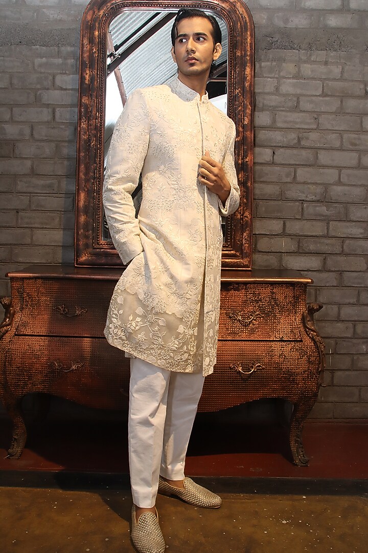 Off-White Dupion Silk Embroidered Groom Sherwani  by Dev R Nil Men at Pernia's Pop Up Shop
