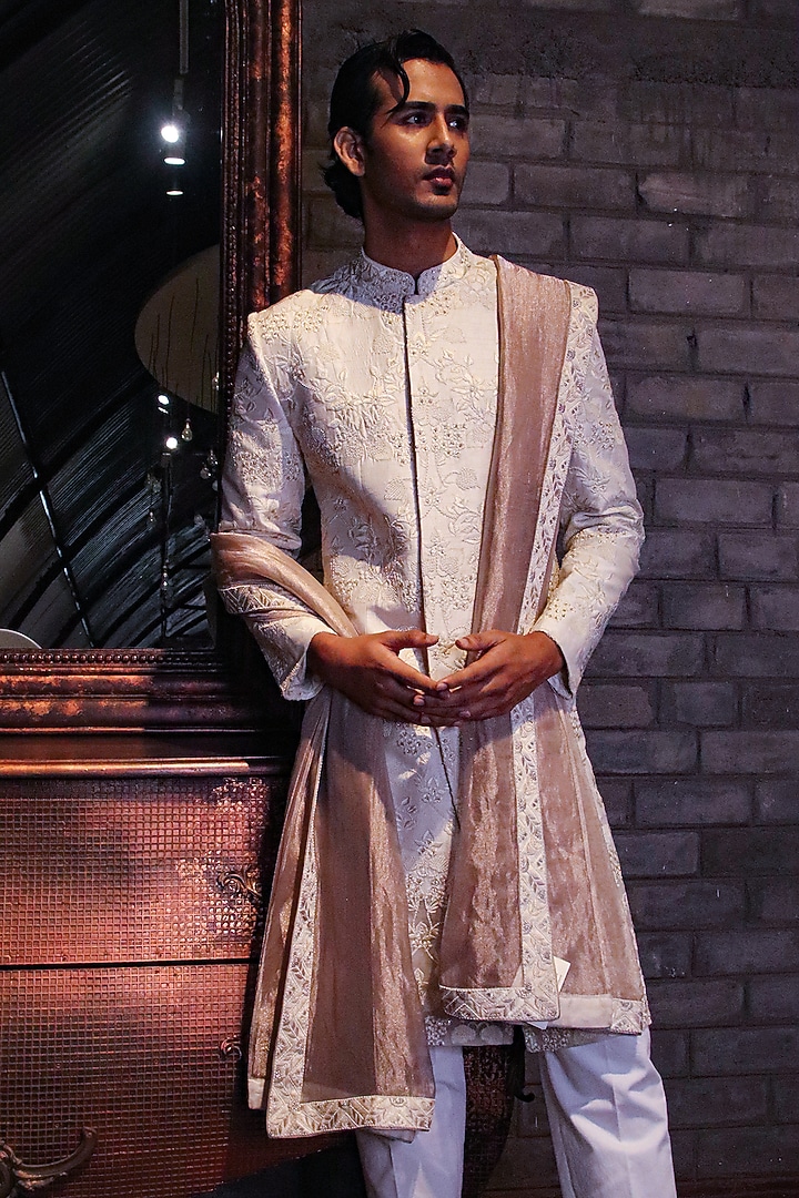 Off-White Dupion Silk Embroidered Groom Sherwani  by Dev R Nil Men at Pernia's Pop Up Shop