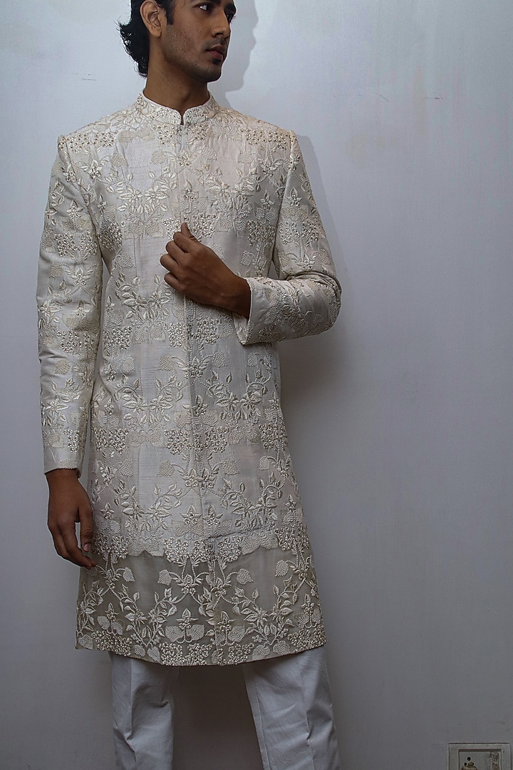 Off-White Dupion Silk Embroidered Groom Sherwani  by Dev R Nil Men at Pernia's Pop Up Shop