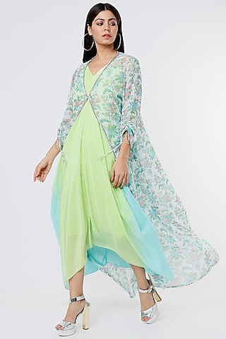 Lime Crepe Printed & Embroidered Jacket Dress by Dev R Nil
