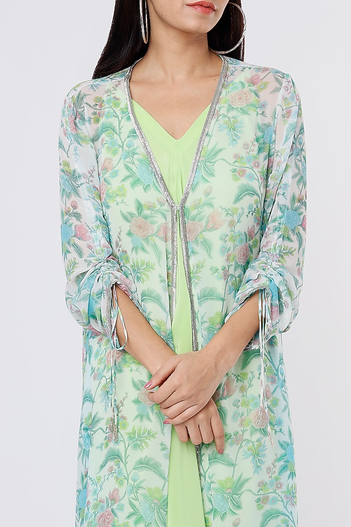 Lime Crepe Printed & Embroidered Jacket Cocktail Dress by Dev R Nil at Pernia's Pop Up Shop