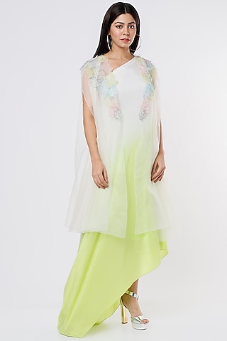 White & Lime Crepe Embroidered Jacket Dress by Dev R Nil