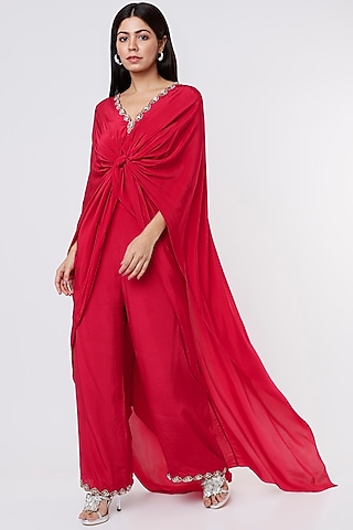 Red Crepe Tunic Set by Dev R Nil
