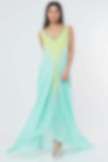 Turquoise & Lime Embroidered Maxi Dress by Dev R Nil