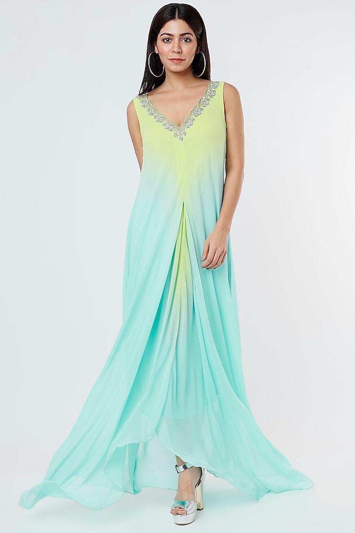 Turquoise & Lime Embroidered Maxi Dress by Dev R Nil