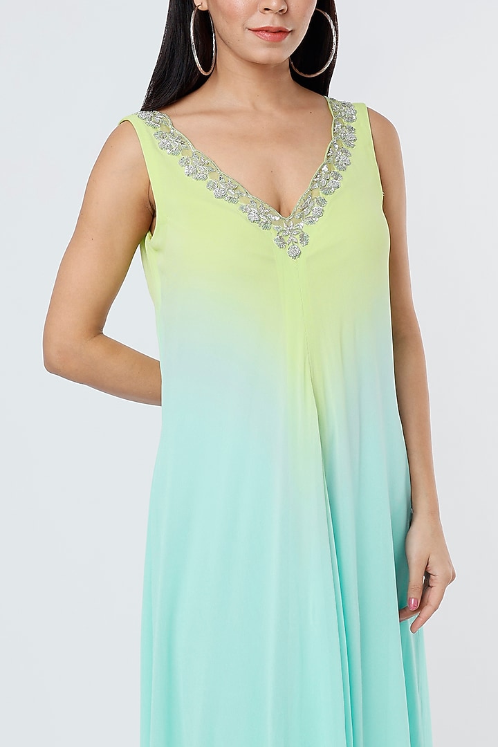 Turquoise & Lime Embroidered Maxi Cocktail Dress by Dev R Nil at Pernia's Pop Up Shop