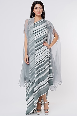 Charcoal Crepe Stripe Printed Jacket Dress by Dev R Nil