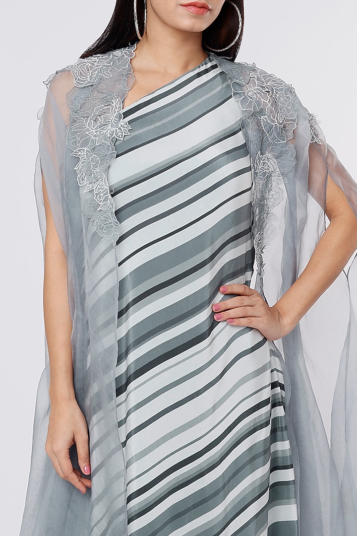 Charcoal Crepe Stripe Printed Jacket Cocktail Dress by Dev R Nil at Pernia's Pop Up Shop