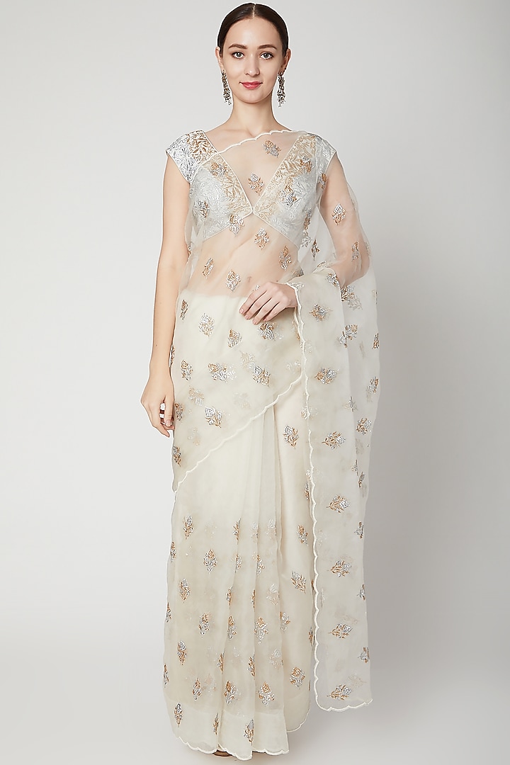 White Embroidered Saree Set by Dev R Nil