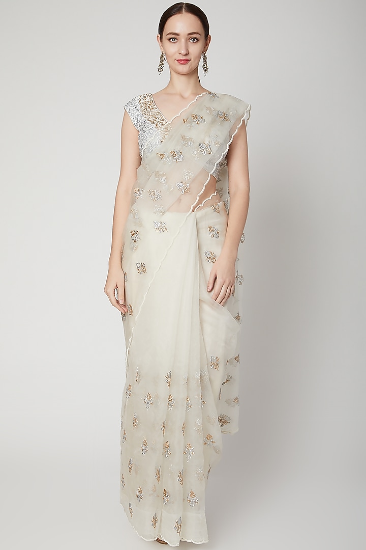 White Embroidered Wedding Saree Set by Dev R Nil at Pernia's Pop Up Shop