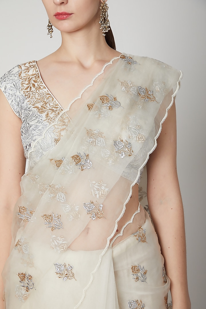 White Embroidered Wedding Saree Set by Dev R Nil at Pernia's Pop Up Shop