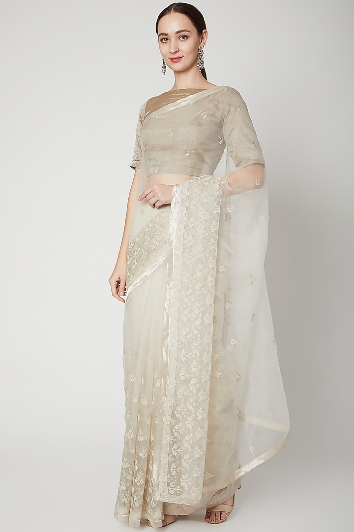 Off White Resham Embroidered Saree Set by Dev R Nil
