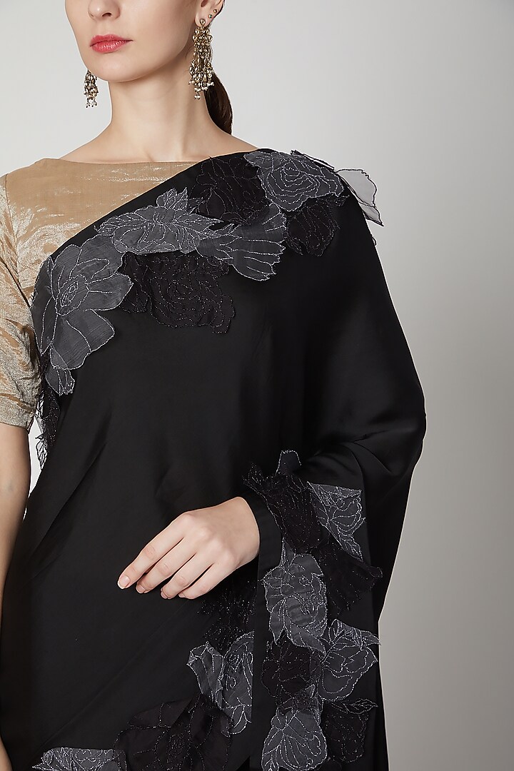 Black Organza Floral Embroidered Wedding Saree Set by Dev R Nil at Pernia's Pop Up Shop
