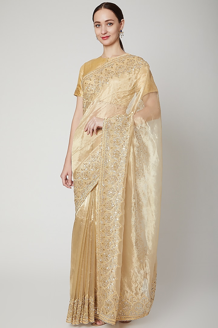 Gold Resham Embroidered Saree Set by Dev R Nil
