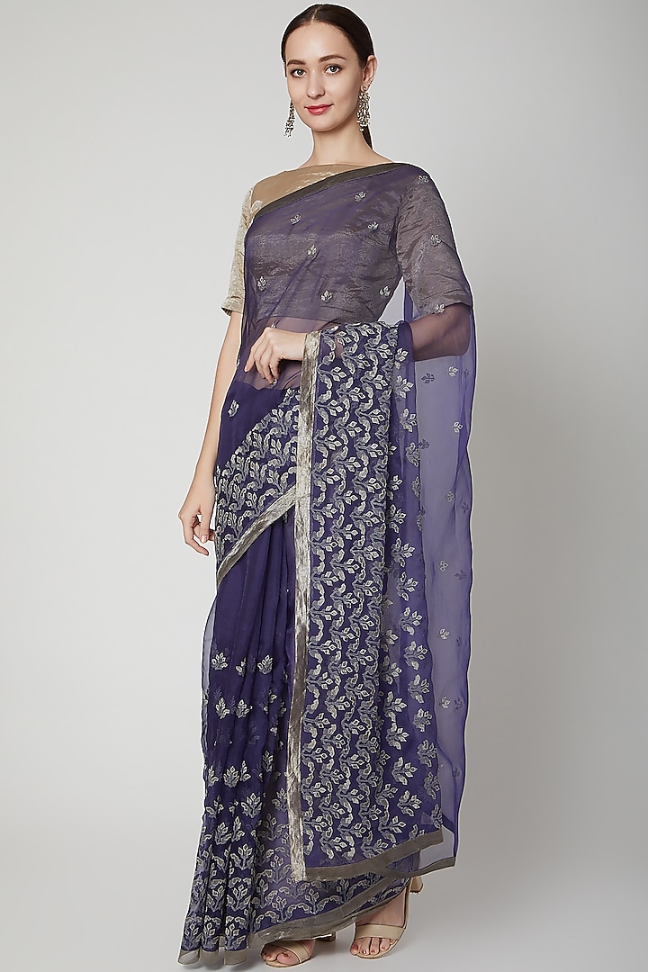 Navy Blue Embroidered Saree Set by Dev R Nil