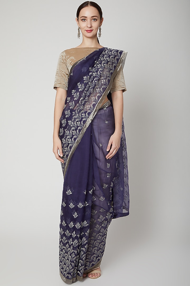 Navy Blue Embroidered Reception Saree Set by Dev R Nil at Pernia's Pop Up Shop