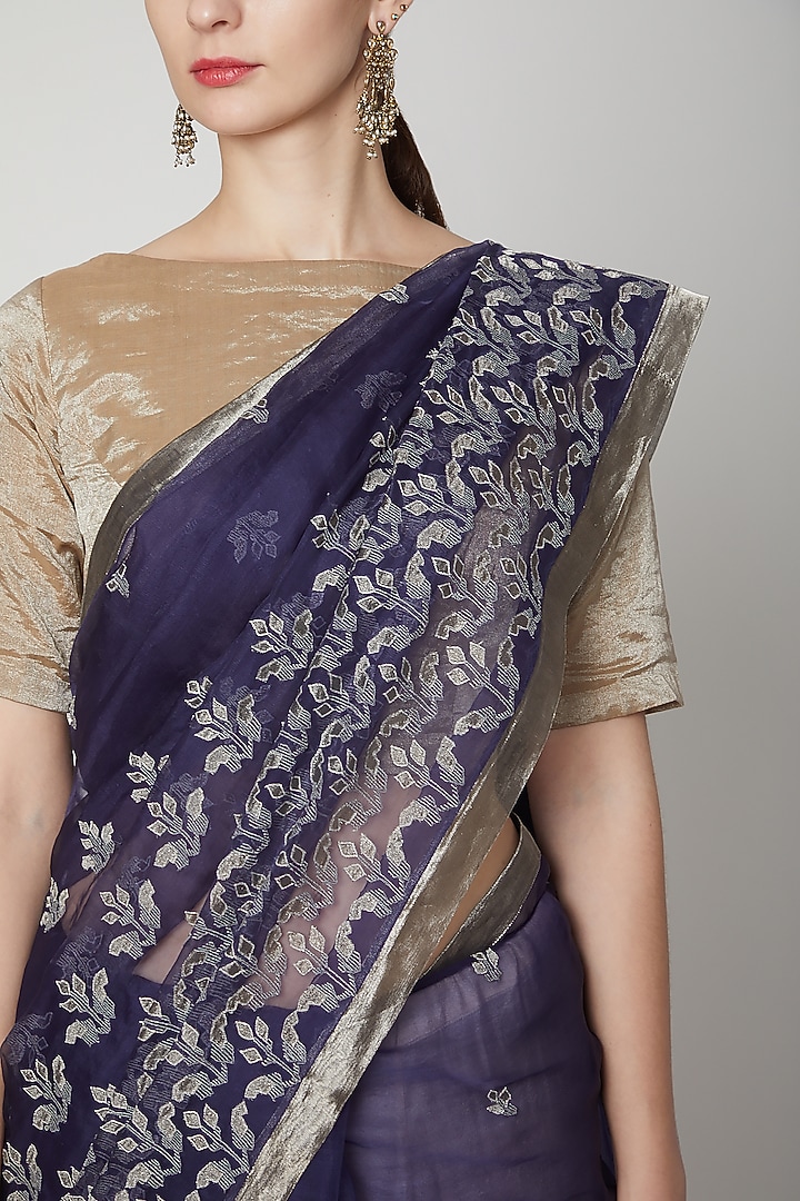 Navy Blue Embroidered Reception Saree Set by Dev R Nil at Pernia's Pop Up Shop